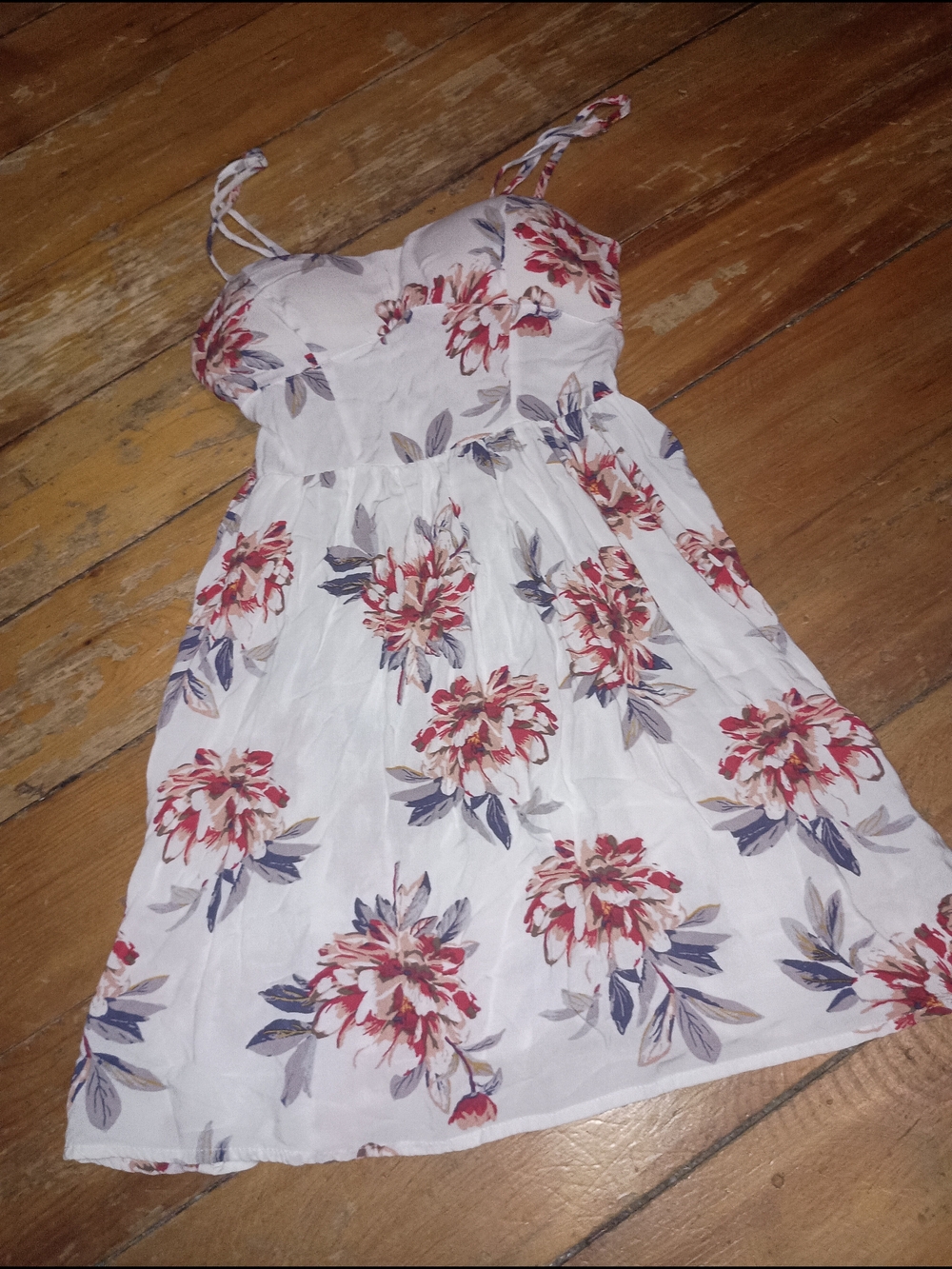 Floral Spaghetti Strap Sundress - White with Red & Blue Flowers